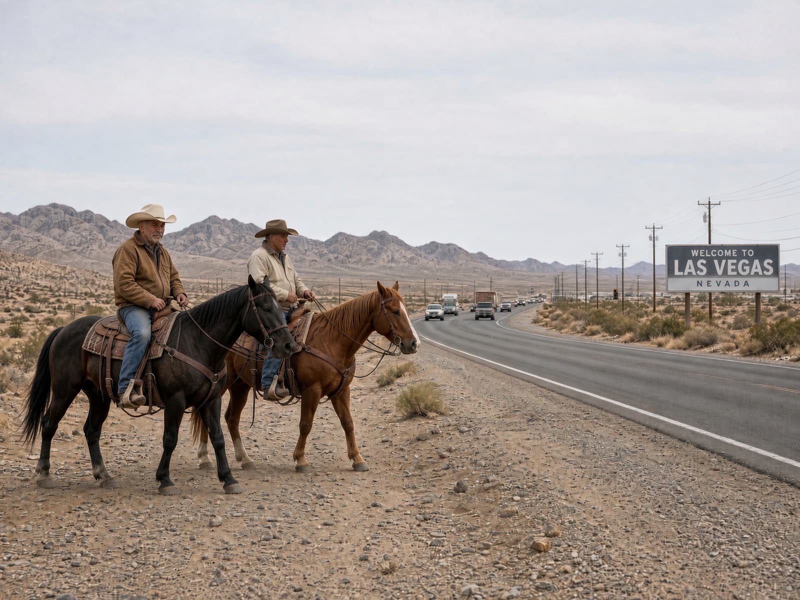Two riders on horseback beside a Welcome to Las Vegas sign