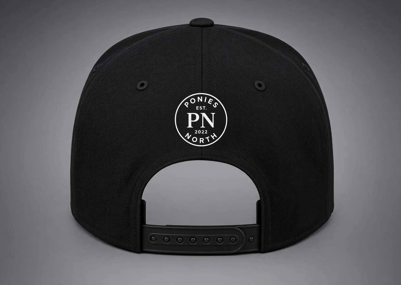 Back of the PN flatbill hat with the Ponies North logo
